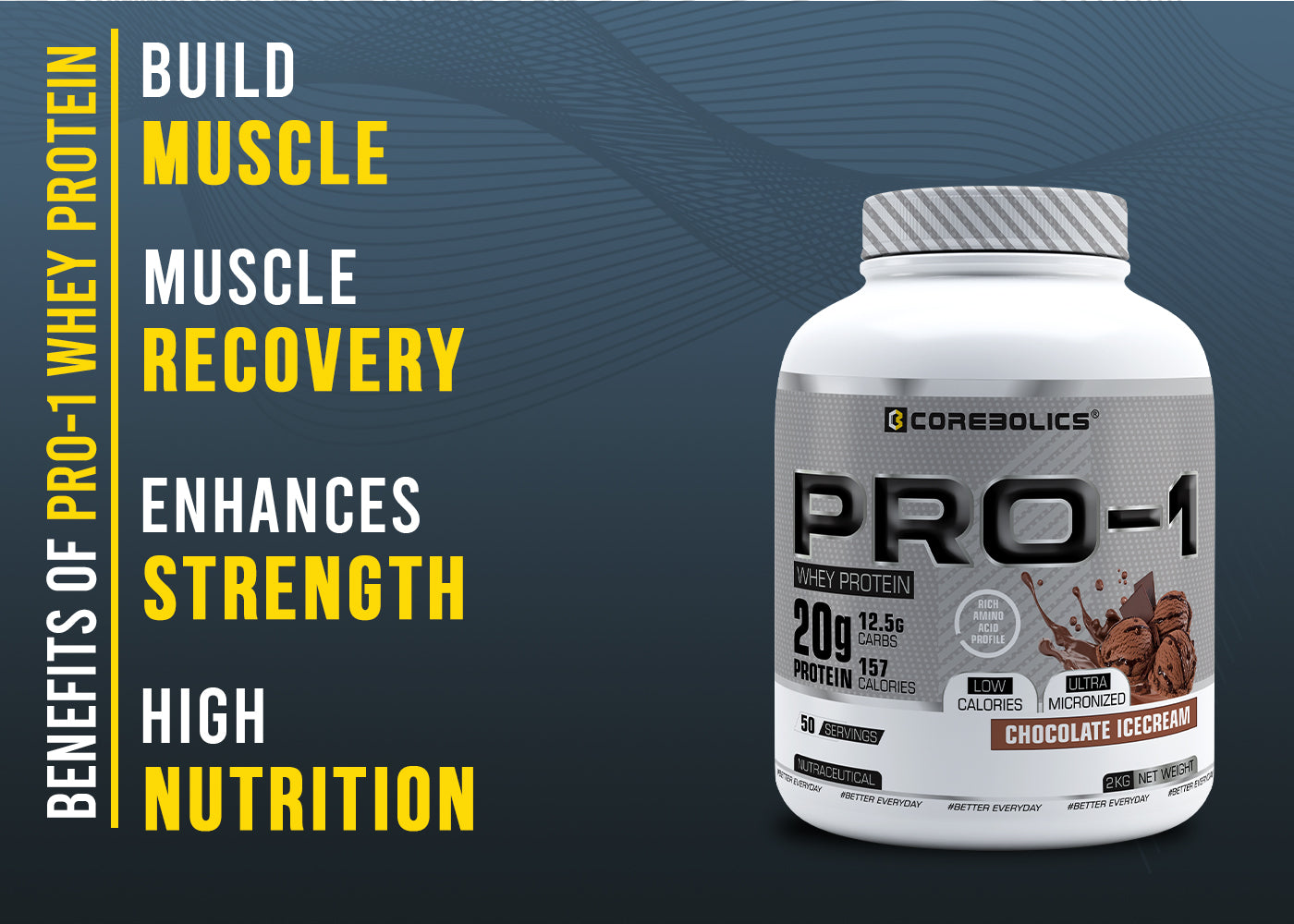 Corebolics Pro-1 Whey Protein ( 2 kg, 50 Serving ) + Free Shaker