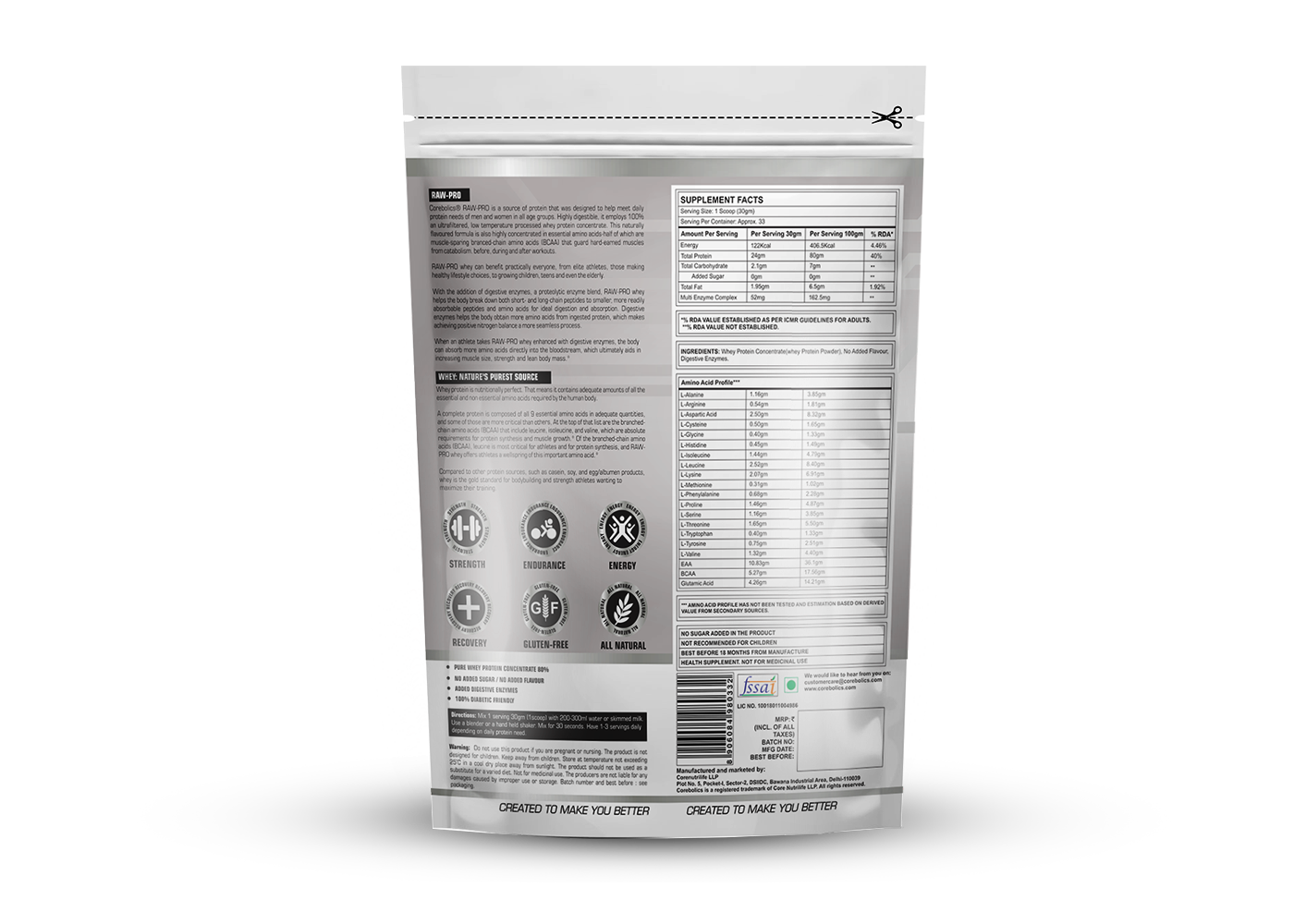 Corebolics Raw - Pro Natural Whey Concentrate + Digestive Enzymes( Unflavoured, 1 kg, 33 Servings )