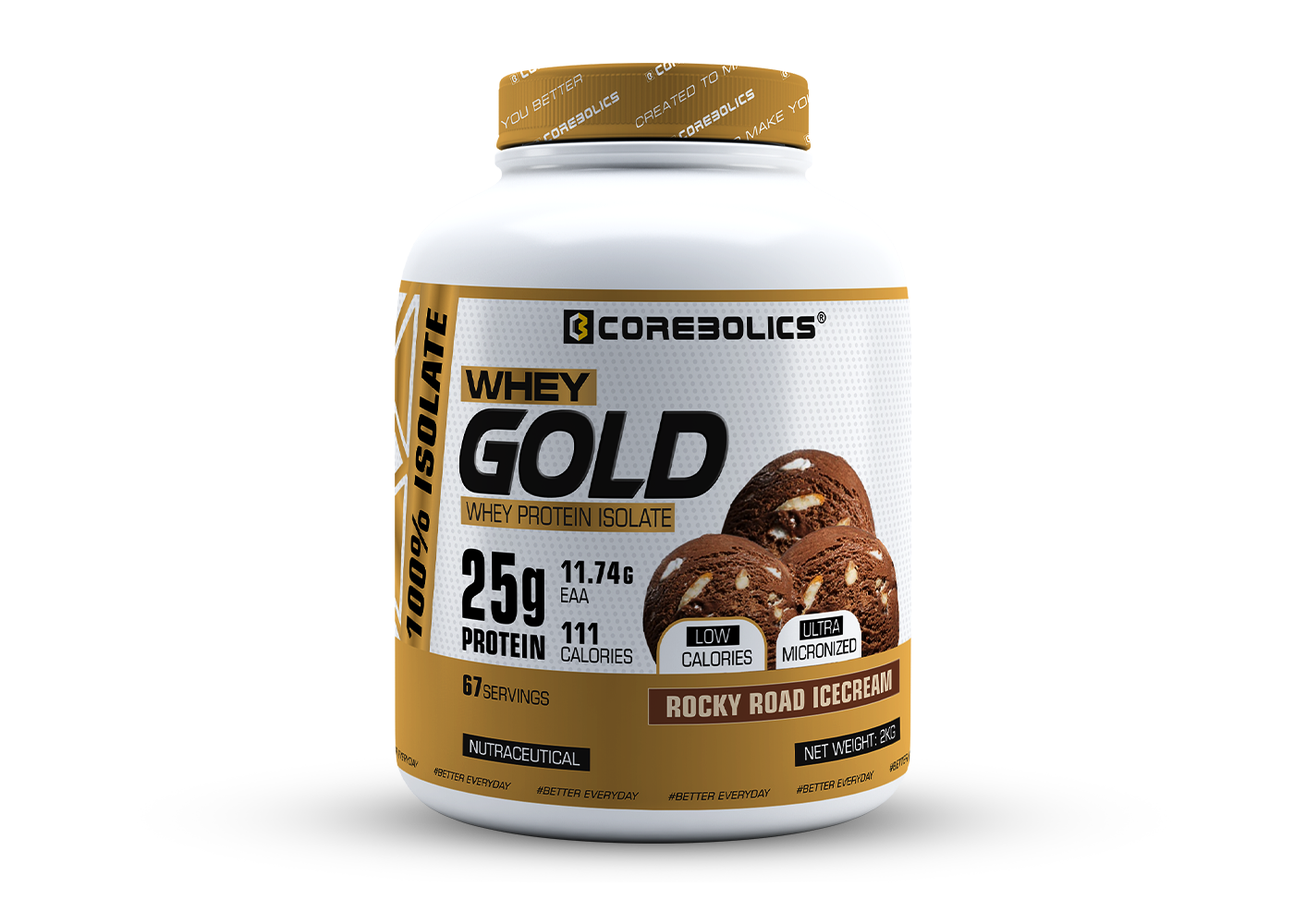 Corebolics Whey Gold - Isolate Protein (2 kg, 67 Servings) + FREE T-Shirt
