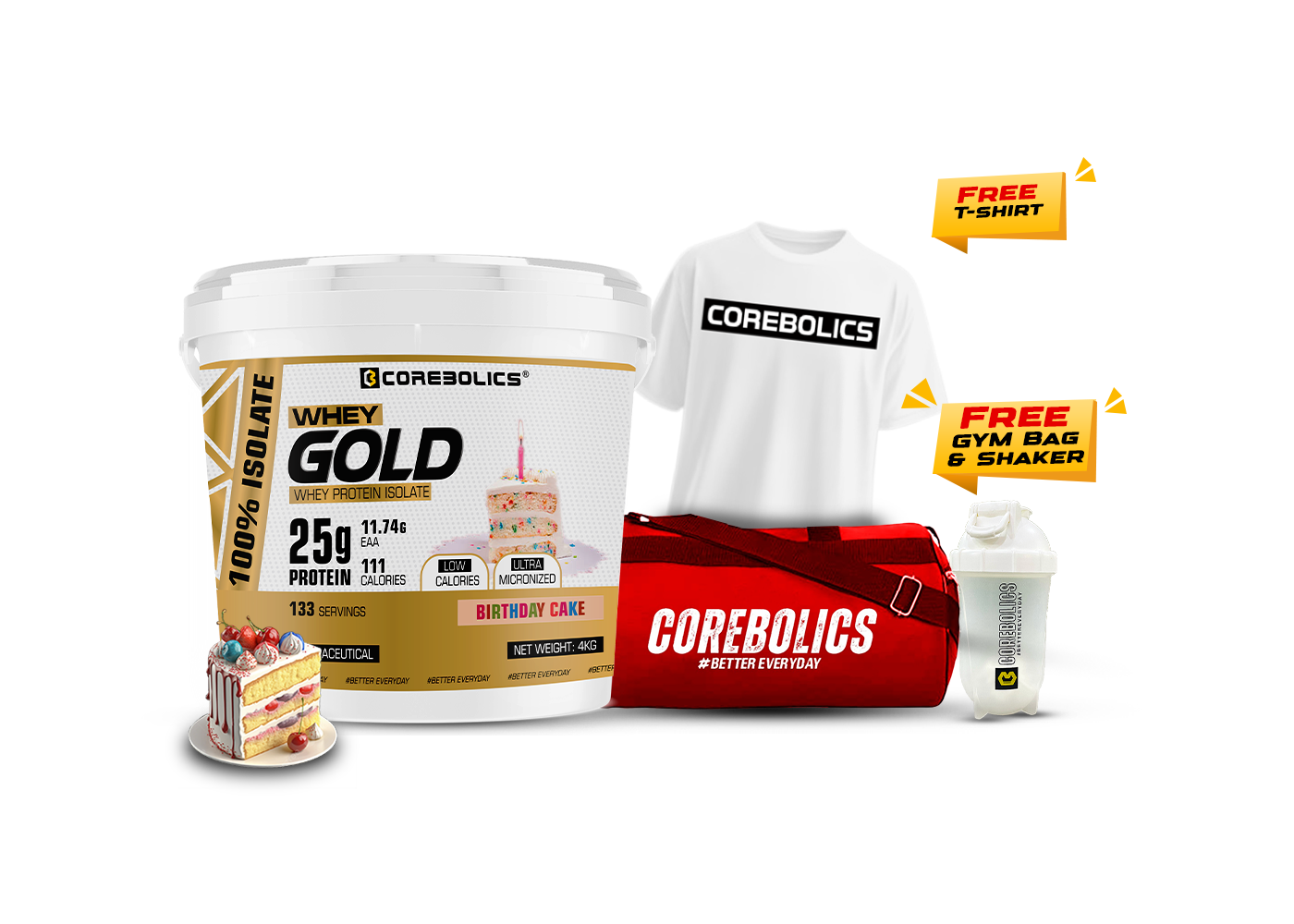 Corebolics Whey Gold - Isolate Protein( 4 kg, 133 Servings ) + FREE GYM BAG, Shaker and T-Shirt