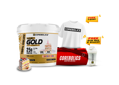 Corebolics Whey Gold - Isolate Protein( 4 kg, 133 Servings ) + FREE GYM BAG, Shaker and T-Shirt