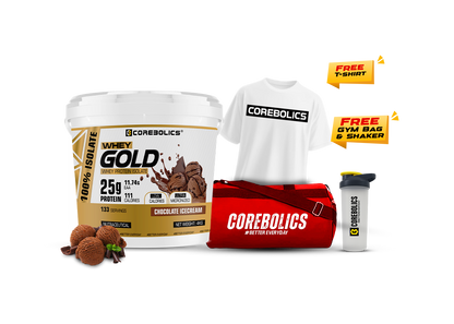 Corebolics whey gold whey protein isolate 4kg chocolate icecream flavor with free t-shirt , bag & shaker