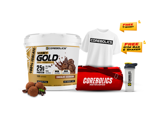 Corebolics whey gold whey protein isolate 4kg chocolate icecream flavor with free t-shirt , bag & shaker