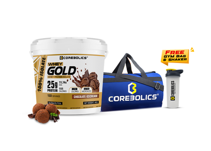 Corebolics Whey Gold - Isolate Protein( 4 kg, 133 Servings ) + FREE GYM BAG And Shaker