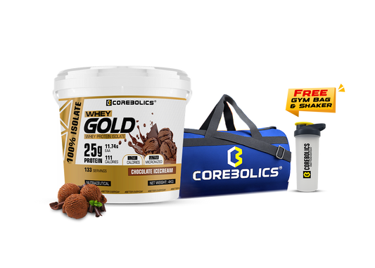 Corebolics Whey Gold - Isolate Protein( 4 kg, 133 Servings ) + FREE GYM BAG And Shaker