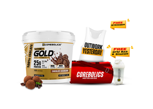Corebolics Whey Gold - Isolate Protein( 4 kg, 133 Servings ) + FREE GYM BAG, Shaker and Stringer