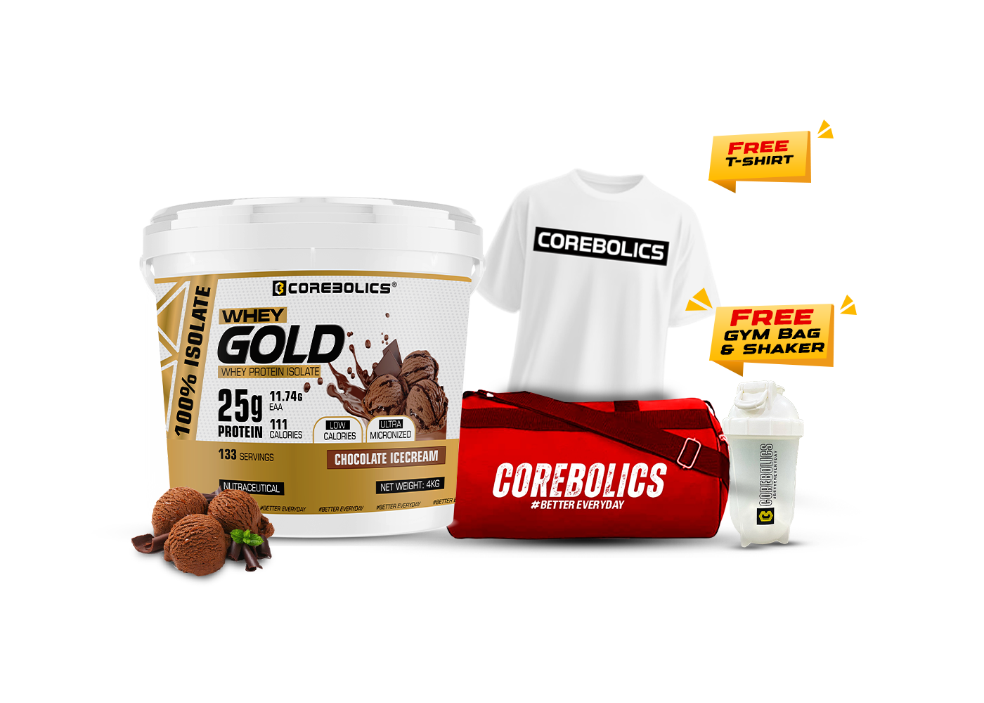 Corebolics Whey Gold - Isolate Protein( 4 kg, 133 Servings ) + FREE GYM BAG, Shaker and T-Shirt