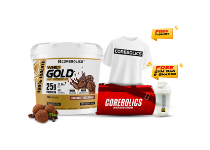 Corebolics Whey Gold - Isolate Protein( 4 kg, 133 Servings ) + FREE GYM BAG, Shaker and T-Shirt