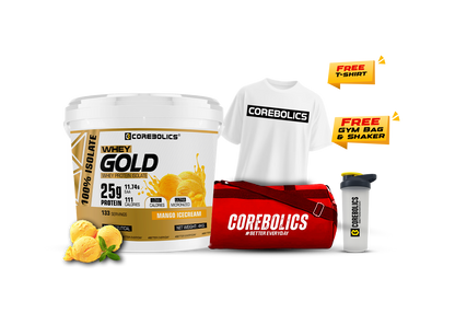 Corebolics whey gold whey protein isolate 4kg mango icecream flavor with free t-shirt , bag & shaker