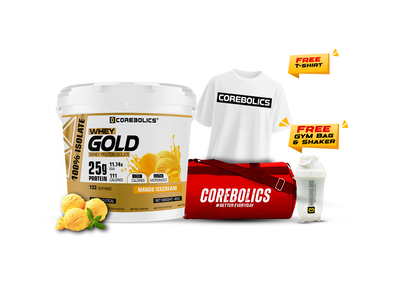 Corebolics Whey Gold - Isolate Protein( 4 kg, 133 Servings ) + FREE GYM BAG, Shaker and T-Shirt