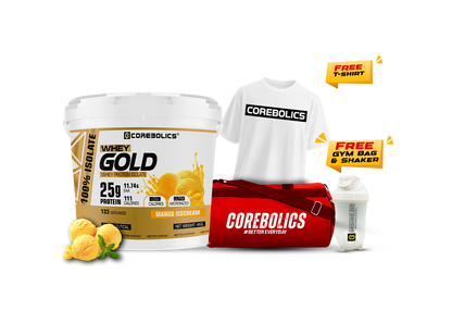 Corebolics Whey Gold - Isolate Protein( 4 kg, 133 Servings ) + FREE GYM BAG, Shaker and T-Shirt