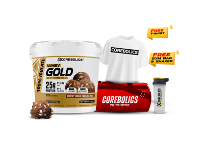 Corebolics whey gold whey protein isolate 4kg rocky road icecream flavor with free t-shirt , bag & shaker