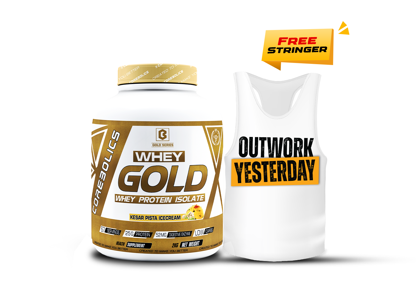 Corebolics Whey Gold - Isolate Protein (2 kg, 67 Servings) + FREE STRINGER
