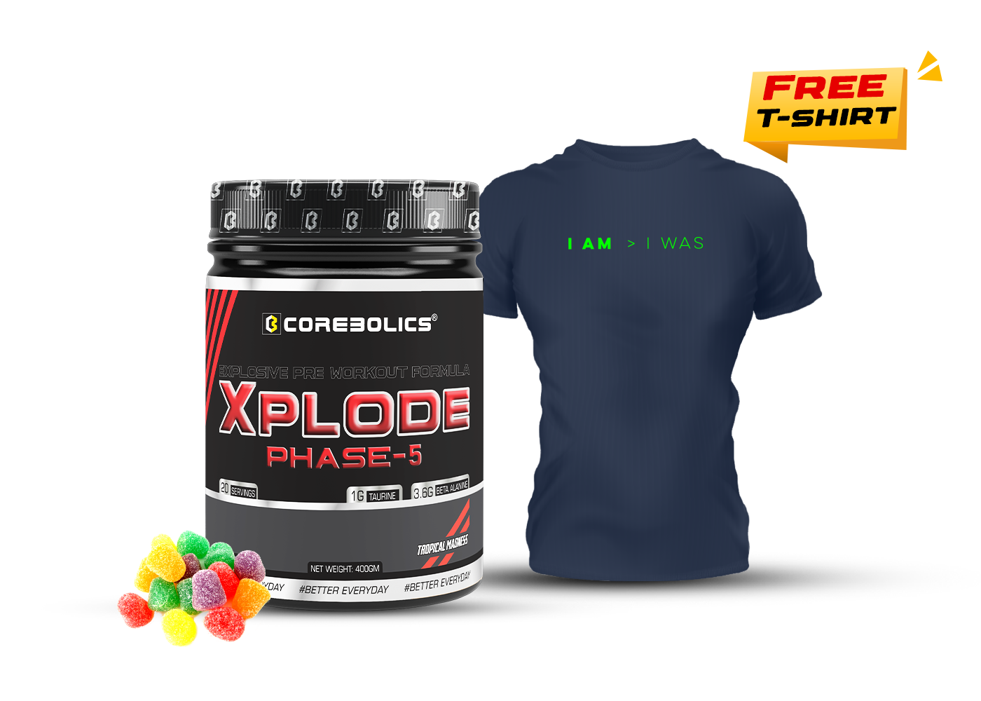 Corebolics Xplode Phase-5 (Tropical Madness, 400gm, 20 Servings) + Free T-shirt