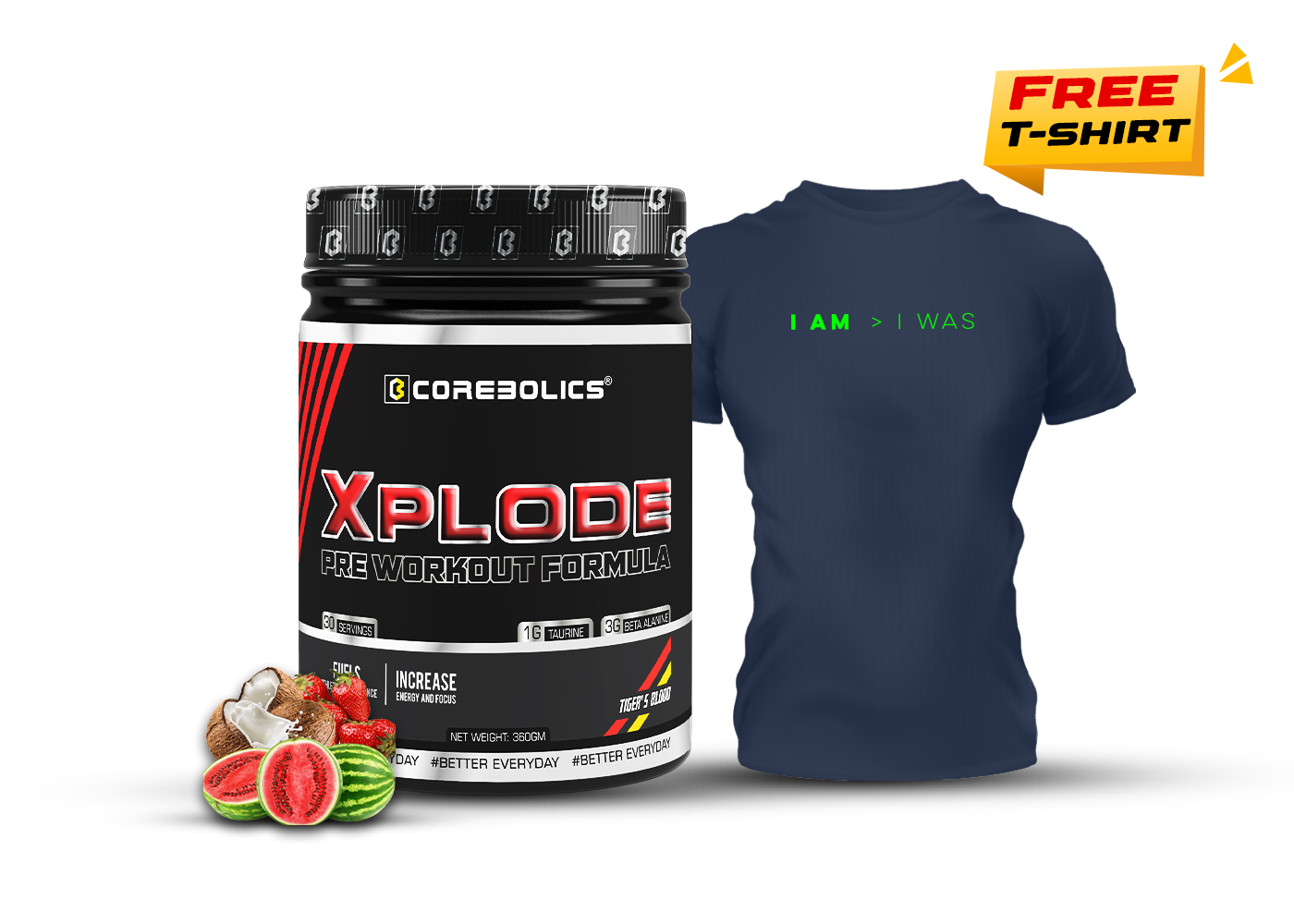 Corebolics Xplode Pre Workout Formula(360 gm, 30 Servings) + FREE T-shirt