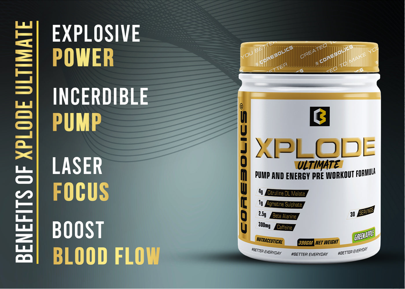 Corebolics Xplode Ultimate (390 gm, 30 Servings) + Free T-shirt