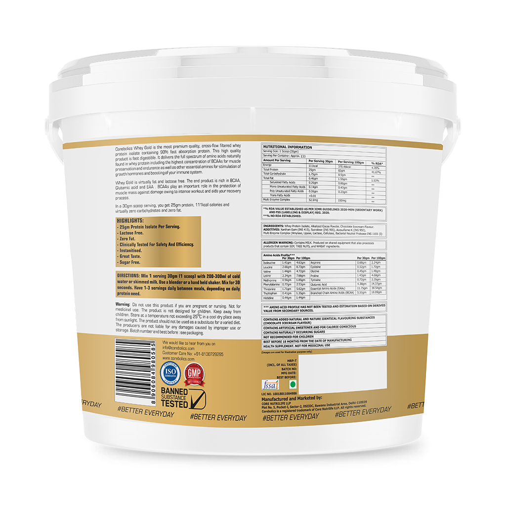 Corebolics Whey Gold - Isolate Protein(4 kg, 133 Servings) + FREE GYM BAG and T-SHIRT