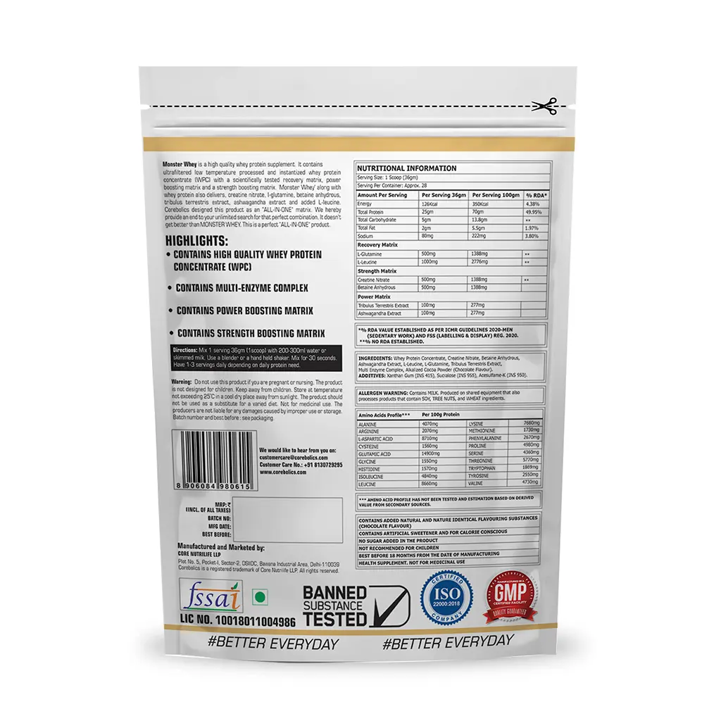 Corebolics Monster Whey - Whey Concentrate Formula 1 kg - 28 Servings