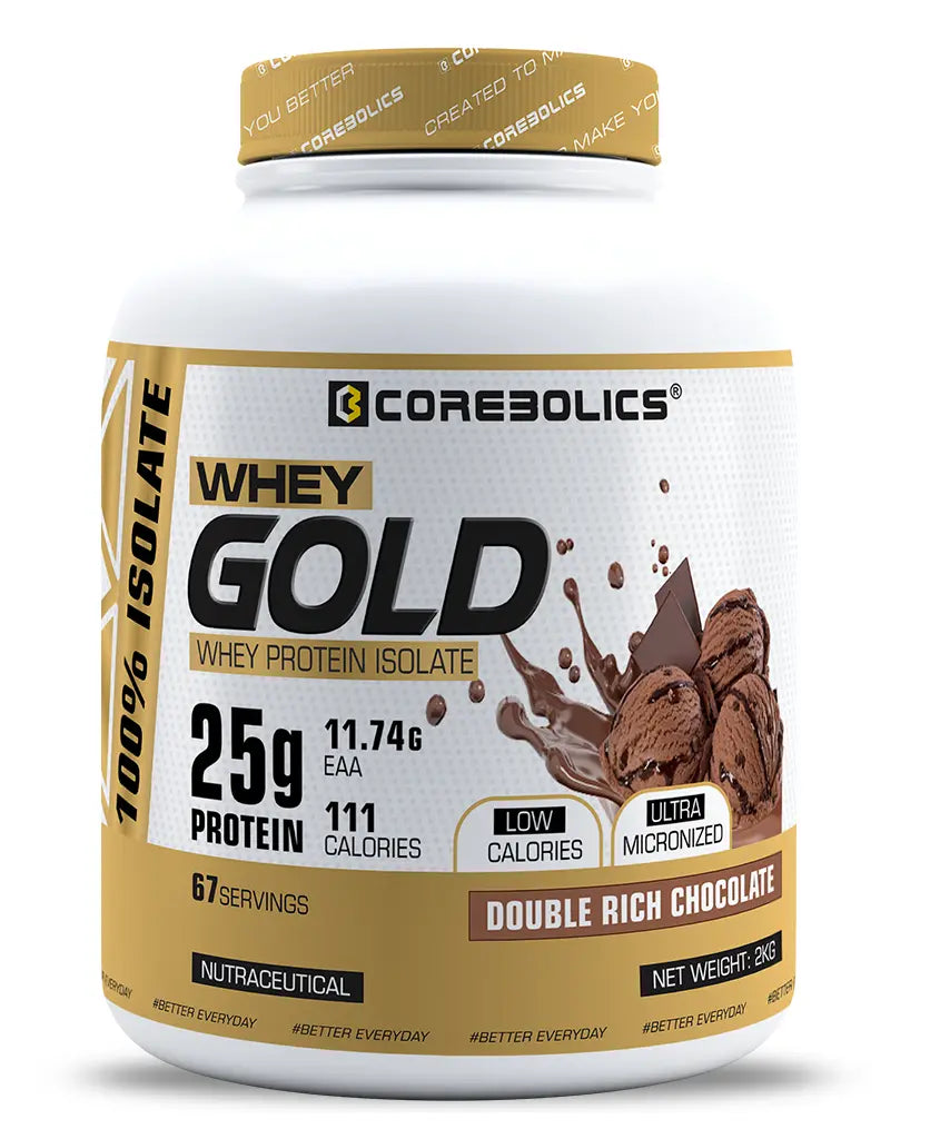 Corebolics Whey Gold - Isolate Protein(2 kg, 67 Servings) + GOLD STEEL SHAKER FREE