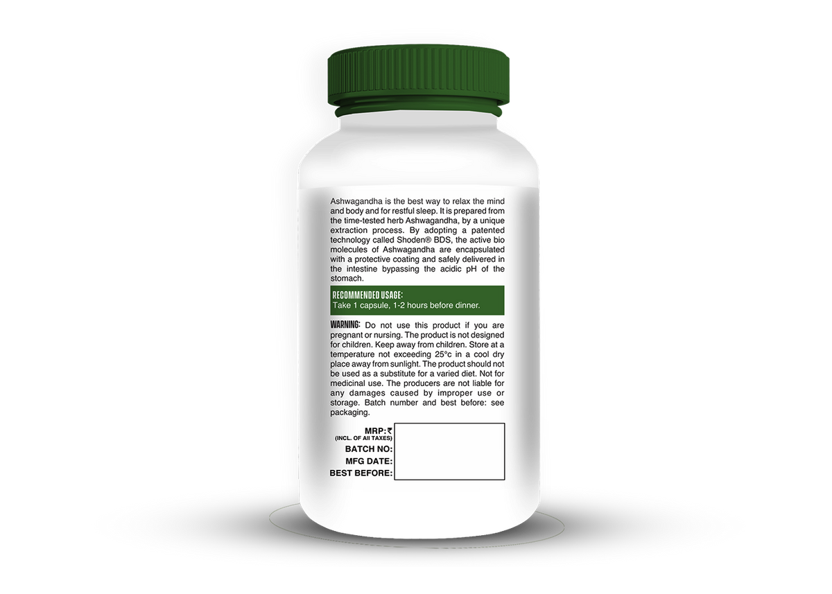 Corebolics Ashwagandha bottle back label with usage and warning