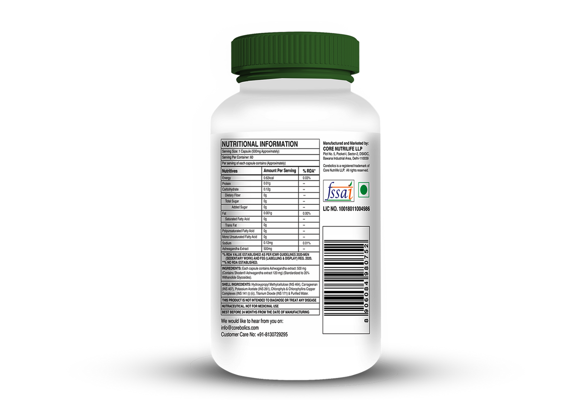 Corebolics Ashwagandha nutritional information label, 1 capsule serving