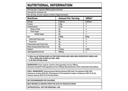Corebolics Ashwagandha nutritional information, 500 mg extract per capsule