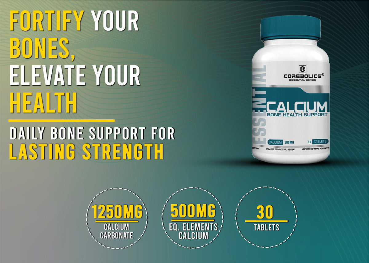 Corebolics Calcium banner: daily bone support, 500 mg elemental calcium, 30 tablets