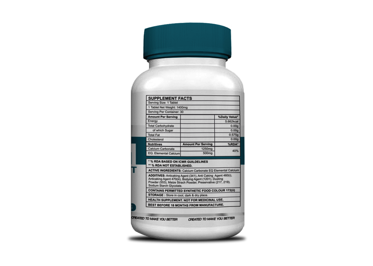 Corebolics Calcium supplement facts, 500 mg elemental calcium per tablet