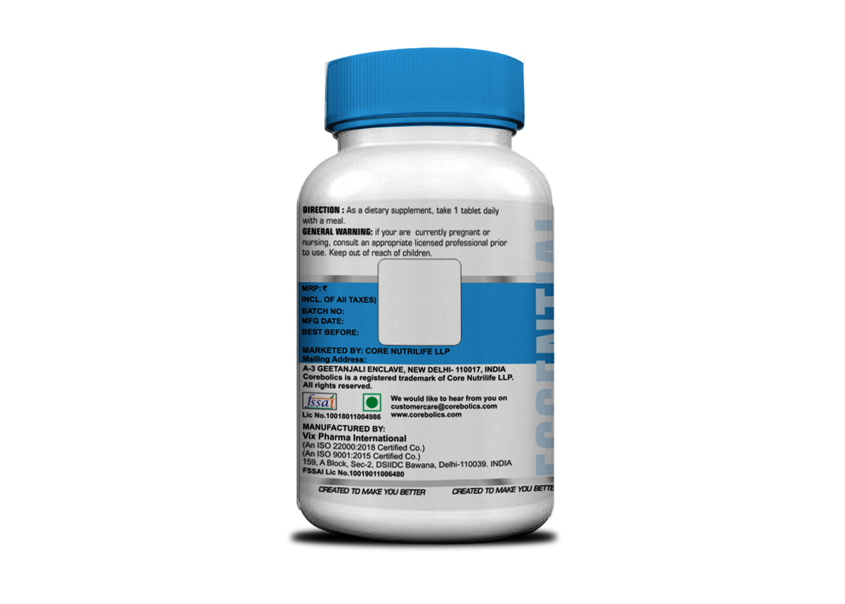 Corebolics Calm bottle back label with directions and warning