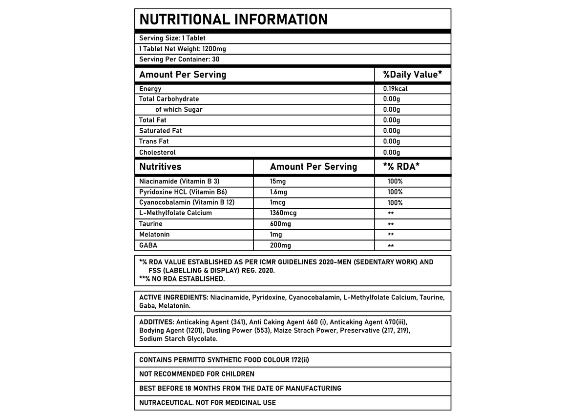 Corebolics Calm nutritional information, 1 tablet serving