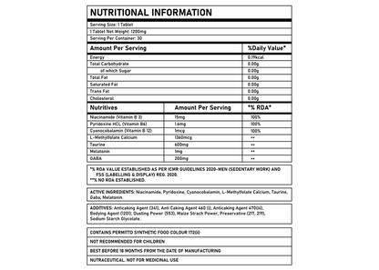 Corebolics Calm nutritional information, 1 tablet serving