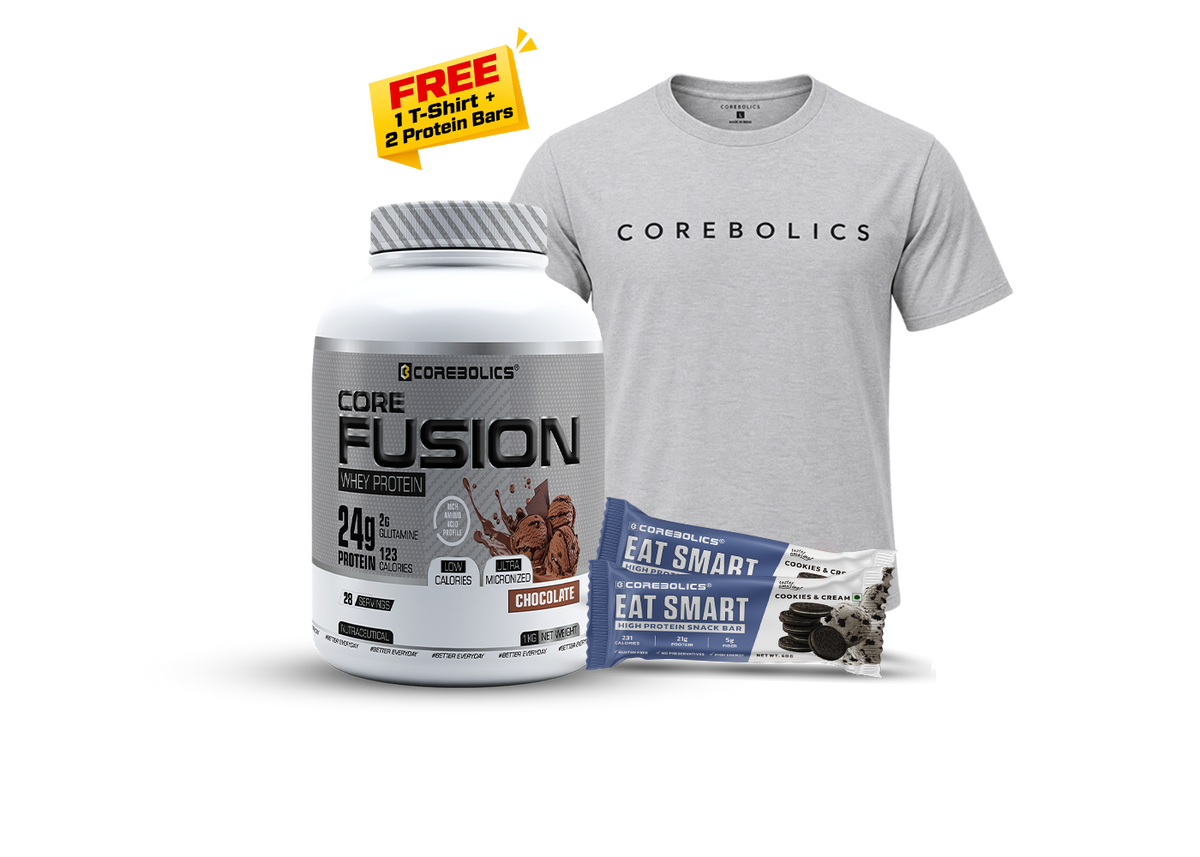 Corebolics Core Fusion Chocolate Whey Protein with Eat Smart high protein snack bars and Corebolics T-shirt offer