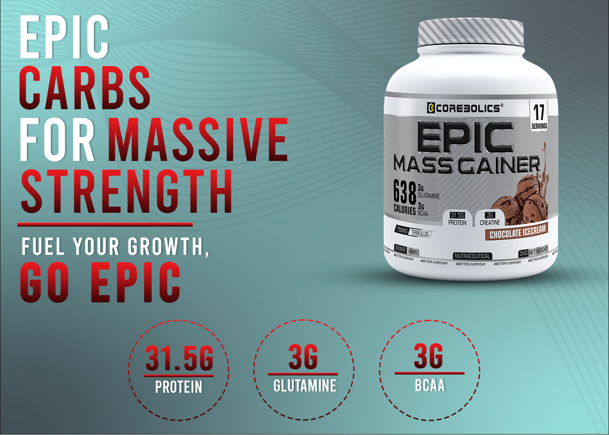 Corebolics Epic Mass Gainer chocolate icecream tub with the headline “Epic carbs for massive strength” and callouts for 31.5g protein, 3g glutamine and 3g BCAA