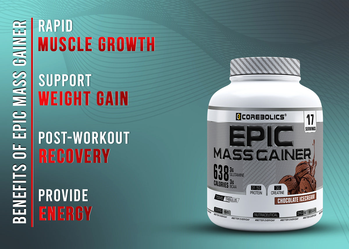 Benefits of Corebolics Epic Mass Gainer: rapid muscle growth, weight gain support, post-workout recovery and energy, shown with the 3kg Chocolate Icecream tub