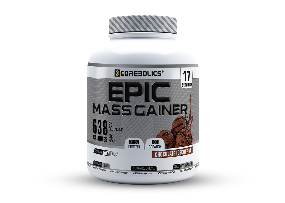 Corebolics Epic Mass Gainer chocolate ice cream protein tub, 17 servings