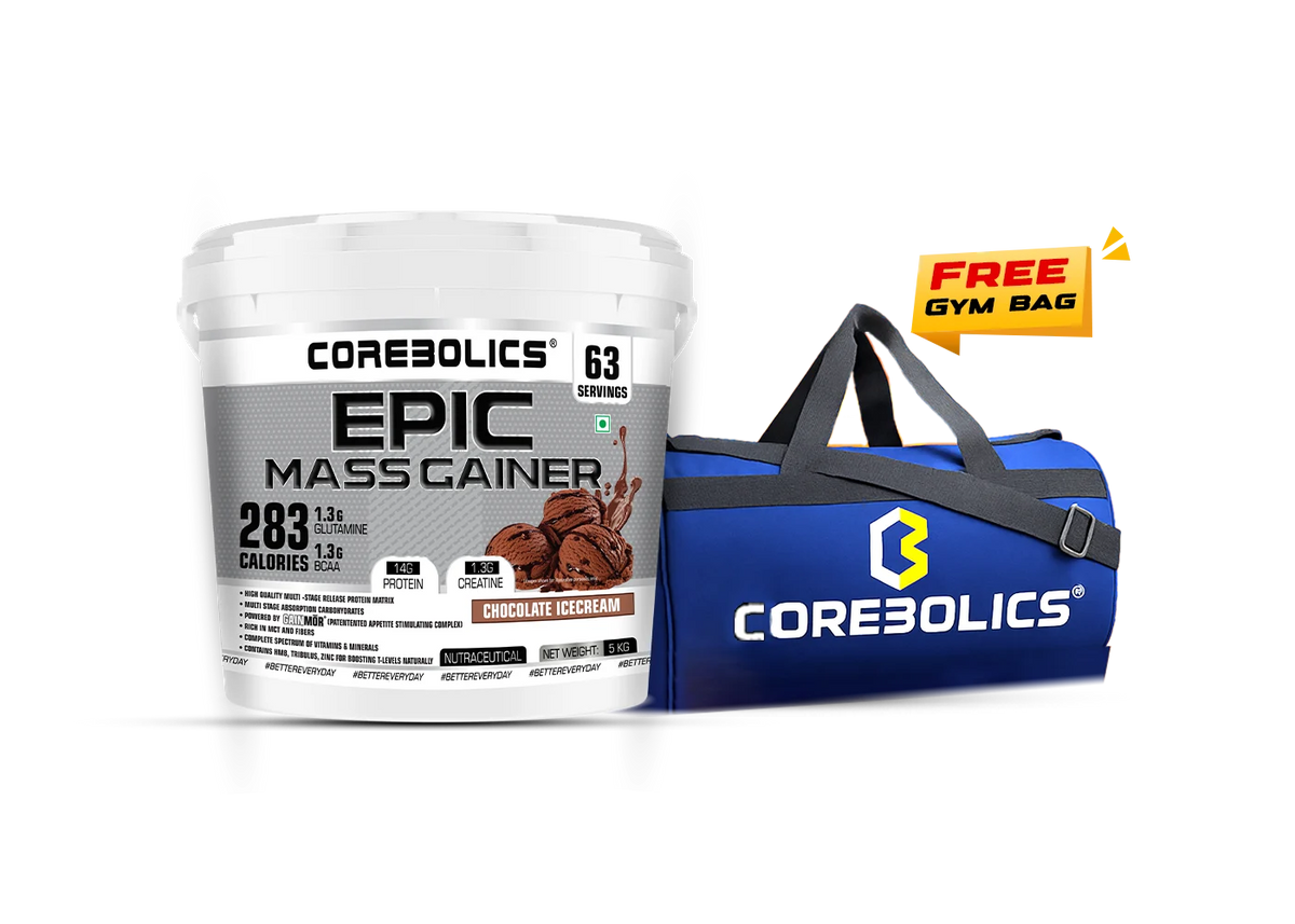 Corebolics Epic Mass Gainer 5kg bucket in Chocolate Icecream flavor, 63 servings, 283 calories per serving, with a free blue Corebolics gym bag