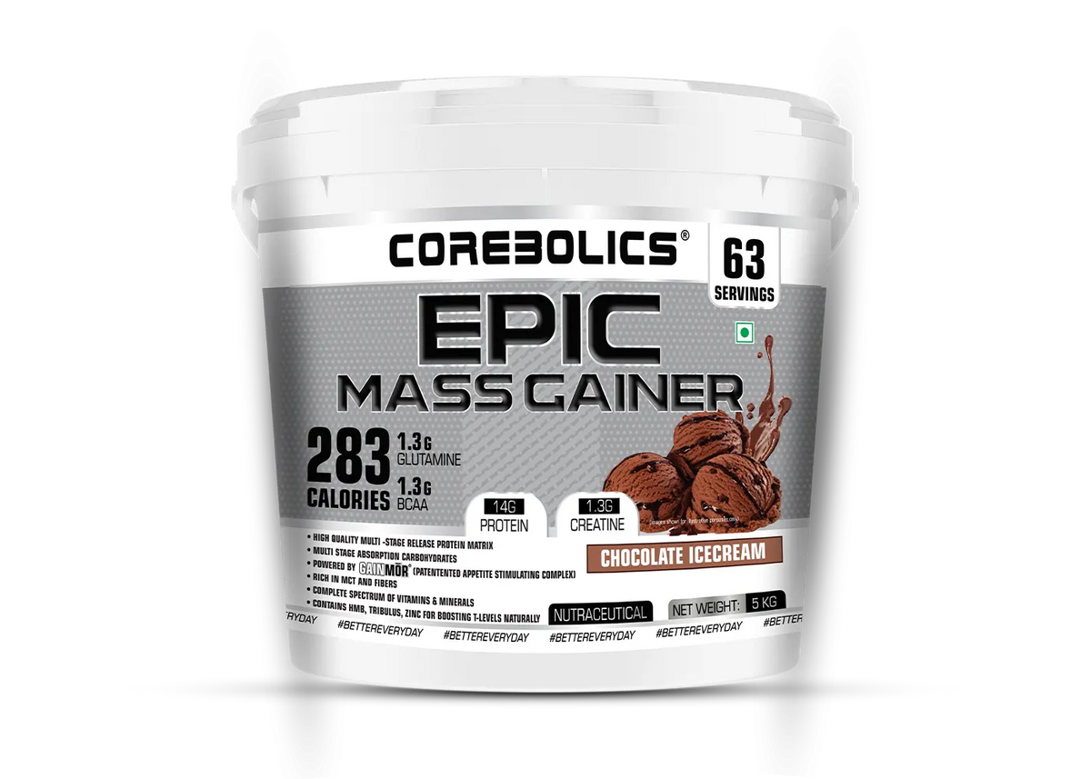 Corebolics Epic Mass Gainer 5kg bucket in Chocolate Icecream flavor, 63 servings, 283 calories, 14g protein and 1.3g creatine per serving