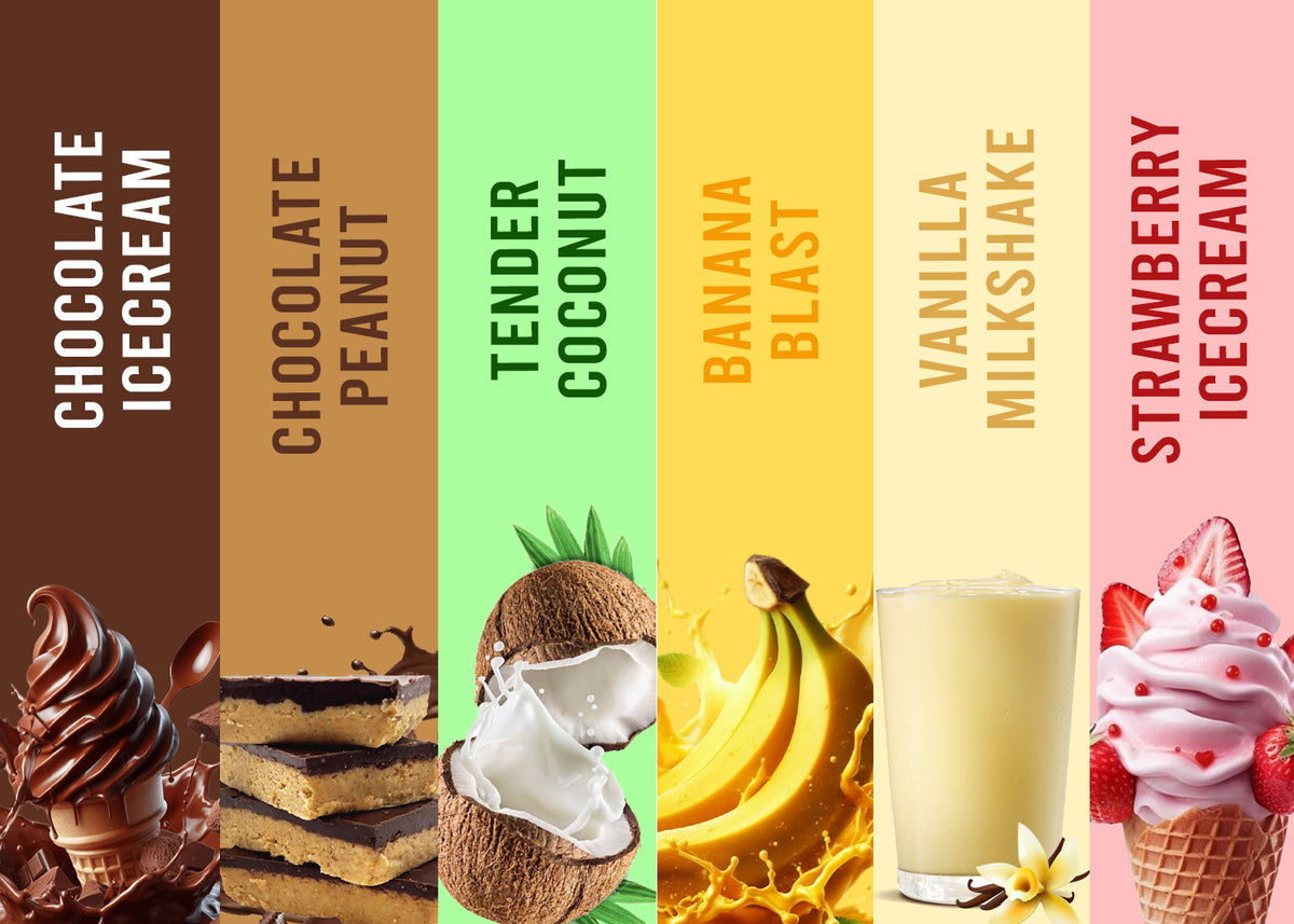 Corebolics 1kg  supplements flavors like chocolate icecream, chocolate peanut, tender coconut, banana blast, vanilla milkshake, strawberry icecream