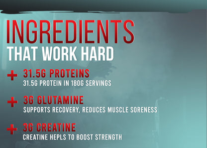 Key ingredients of Corebolics Epic Mass Gainer: 31.5g protein in 180g serving, 3g glutamine for recovery and 3g creatine to boost strength