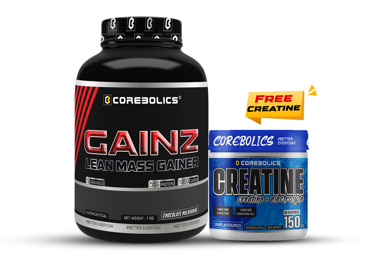 Corebolics Gainz Lean Mass Gainer 1kg tub in Chocolate Milkshake flavor, 55g protein and 100g carbs per serving, with a free Corebolics Creatine 150g unflavoured jar