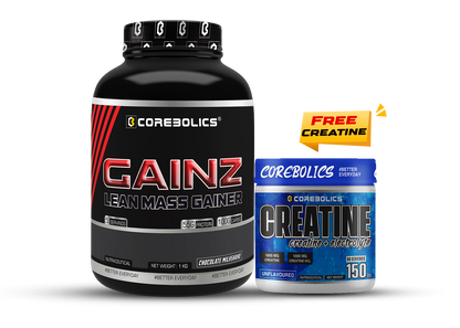 Corebolics Gainz Lean Mass Gainer 1kg tub in Chocolate Milkshake flavor, 55g protein and 100g carbs per serving, with a free Corebolics Creatine 150g unflavoured jar