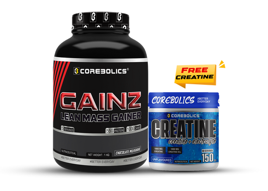 Corebolics Gainz Lean Mass Gainer 1kg tub in Chocolate Milkshake flavor, 55g protein and 100g carbs per serving, with a free Corebolics Creatine 150g unflavoured jar