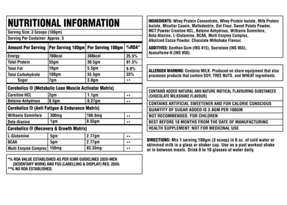 Corebolics Gainz Lean Mass Gainer 1kg Chocolate Milkshake nutritional information: 180g serving (3 scoops), about 5 servings, 700 kcal, 55g protein, 100g carbohydrate and 10g fat per serving, with ingredients, allergen warning and directions