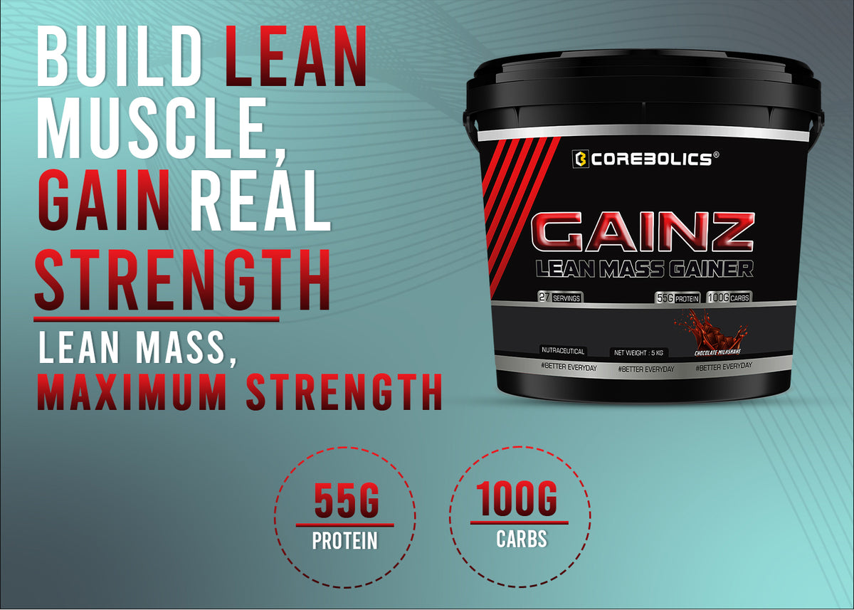 Corebolics Gainz Lean Mass Gainer 5kg bucket with the headline “Build lean muscle, gain real strength” and callouts for 55g protein and 100g carbs