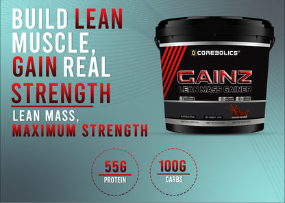Corebolics Gainz Lean Mass Gainer 5kg bucket with the headline “Build lean muscle, gain real strength” and callouts for 55g protein and 100g carbs