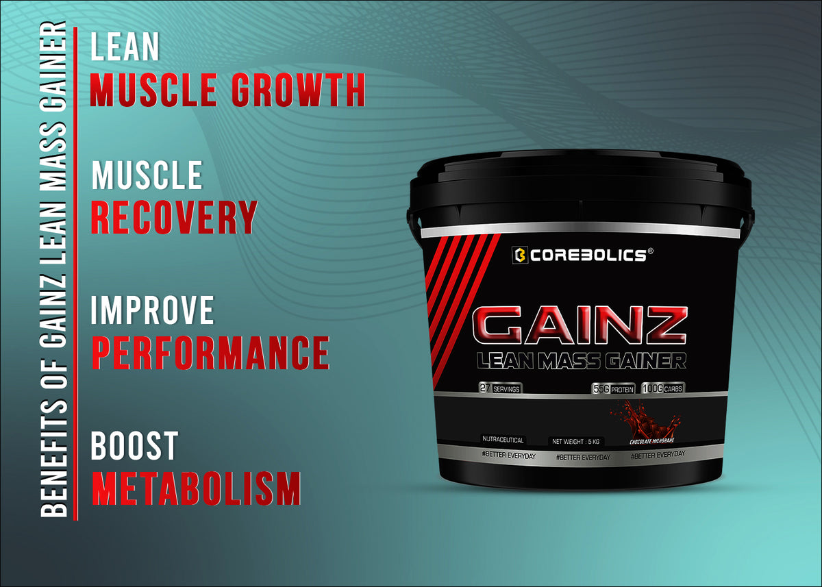 Benefits of Corebolics Gainz Lean Mass Gainer: lean muscle growth, muscle recovery, improved performance and boosted metabolism, shown with the 5kg bucket