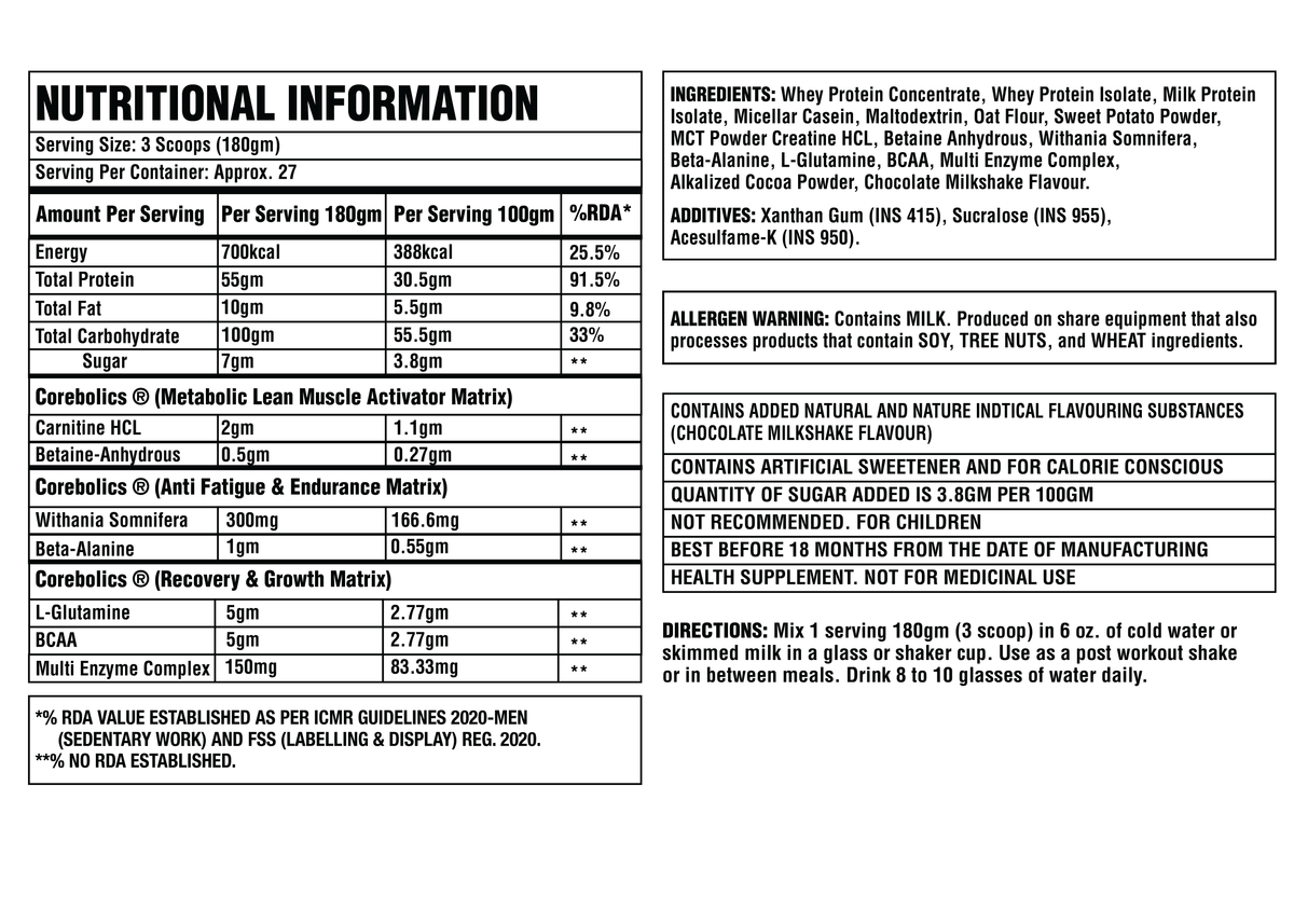 Corebolics Gainz Lean Mass Gainer 5kg Chocolate Milkshake nutritional information: 180g serving (3 scoops), about 27 servings, 700 kcal, 55g protein, 100g carbohydrate and 10g fat per serving, with ingredients, allergen warning and directions