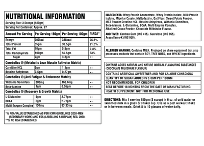 Corebolics Gainz Lean Mass Gainer 5kg Chocolate Milkshake nutritional information: 180g serving (3 scoops), about 27 servings, 700 kcal, 55g protein, 100g carbohydrate and 10g fat per serving, with ingredients, allergen warning and directions