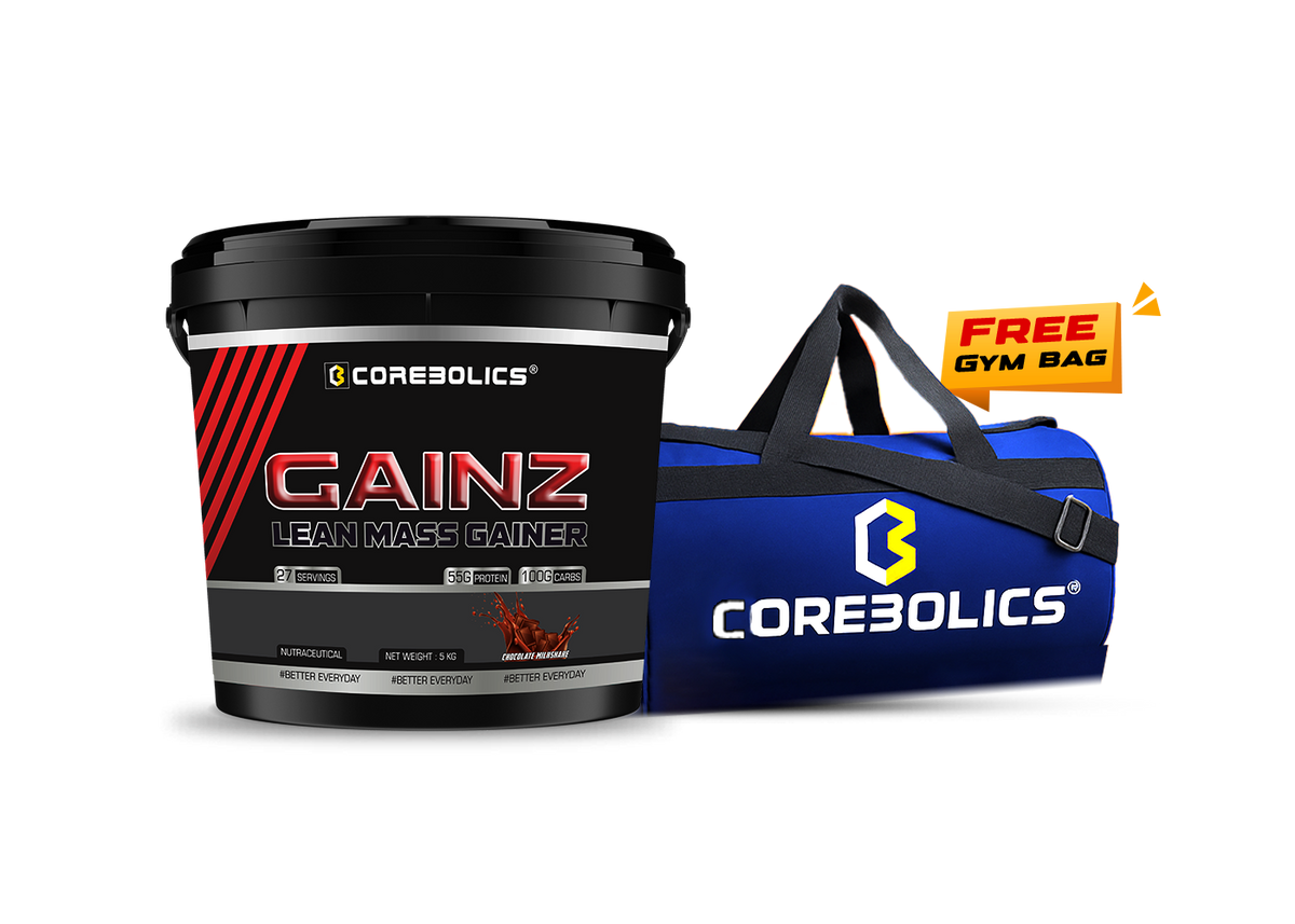 Corebolics Gainz Lean Mass Gainer 5kg bucket with 55g protein and 100g carbs per serving, with a free blue Corebolics gym bag