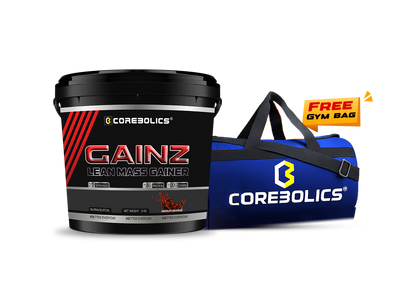 Corebolics Gainz Lean Mass Gainer 5kg bucket with 55g protein and 100g carbs per serving, with a free blue Corebolics gym bag